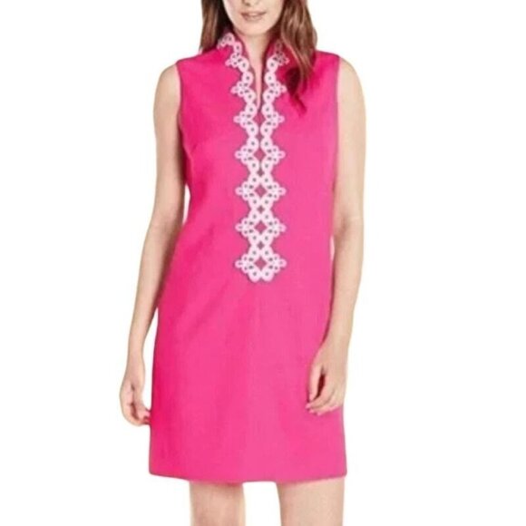 Vince Camuto Swirl Applique Sheath Dress Hot Pink Trendy Split Neck Size14 NWT $ - Picture 1 of 6